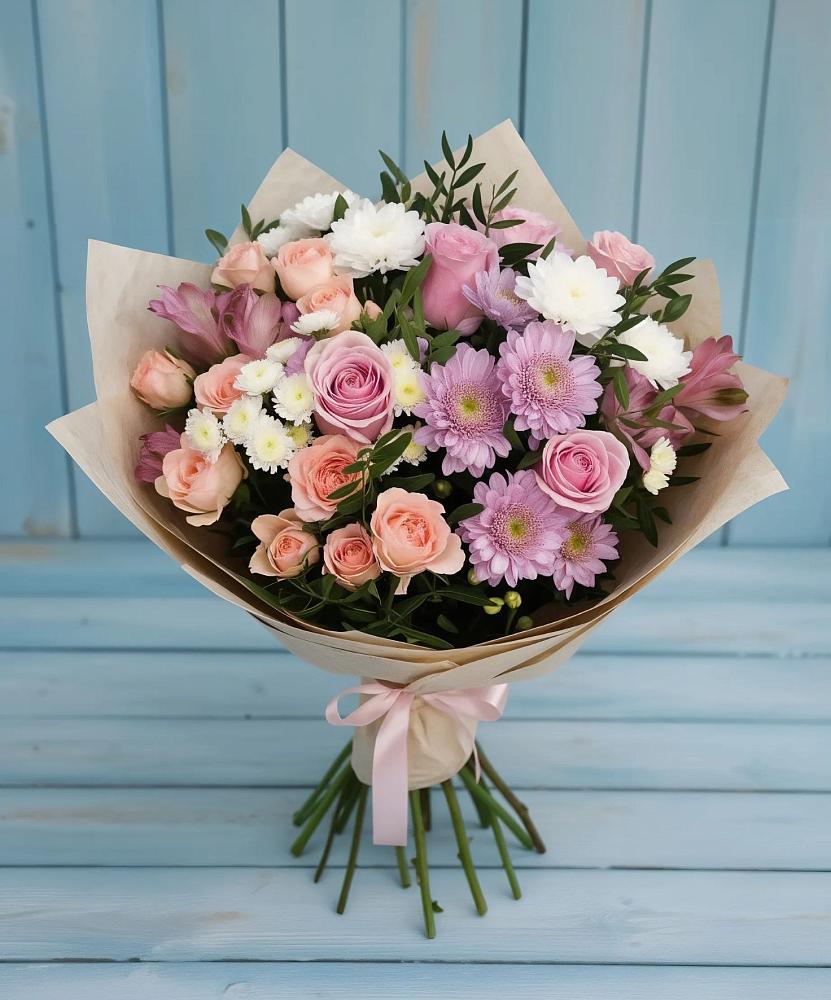 Букет цветов из: Хризантемы, Розы и Альстромерии в Яя
