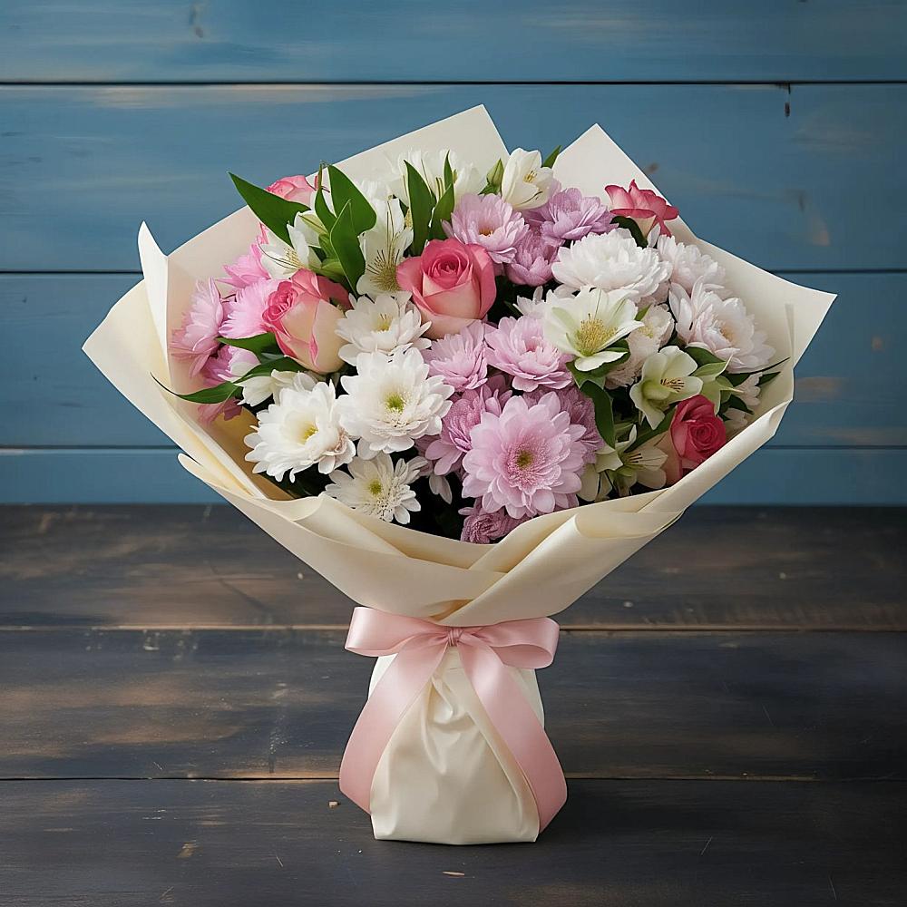 Букет цветов из: Хризантемы, Альстромерии и Розы в Яя